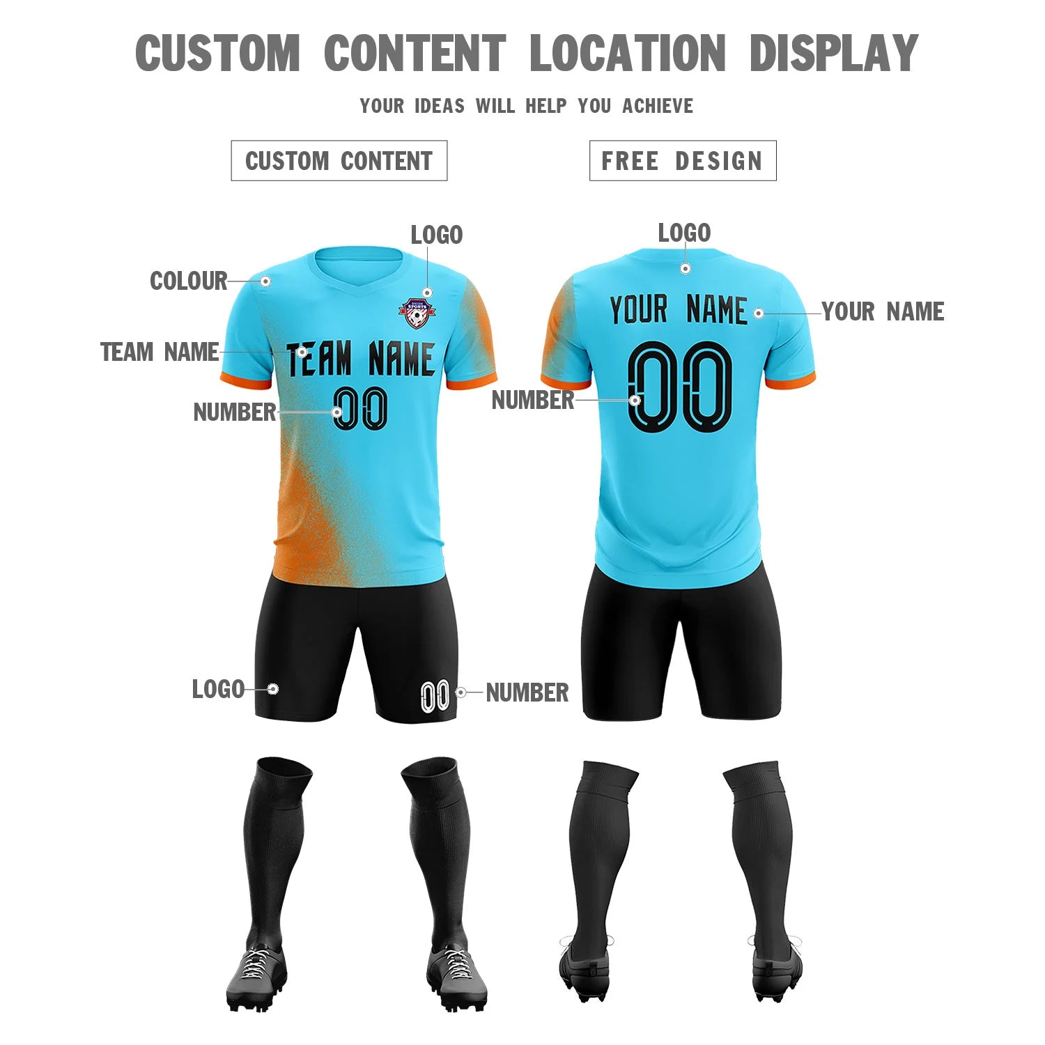 Custom Sky Blue Orange Outdoor Sport Soccer Sets Jersey