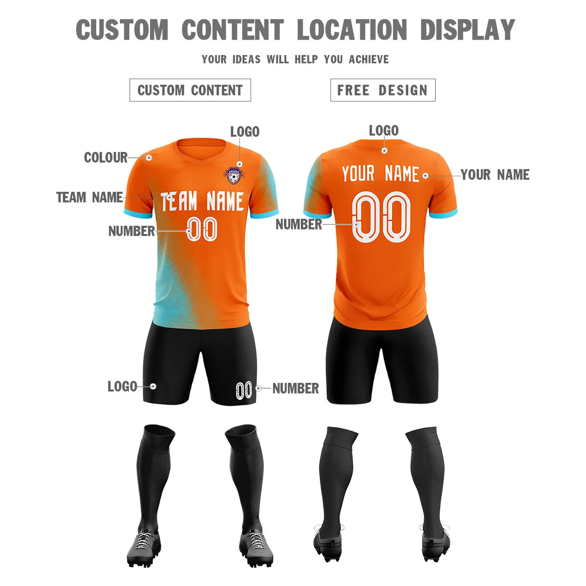 Custom Orange Sky Blue Outdoor Sport Soccer Sets Jersey