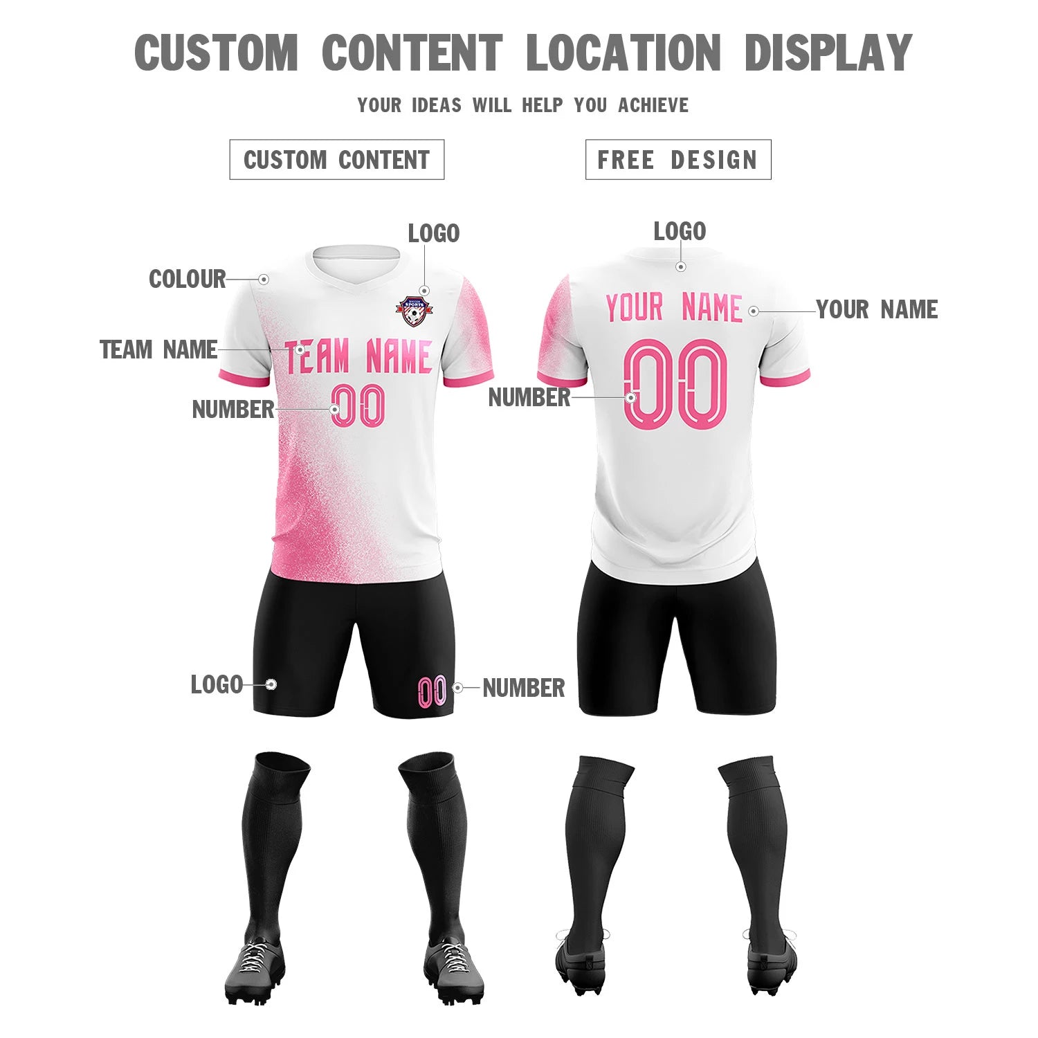 Custom White Pink Outdoor Sport Soccer Sets Jersey