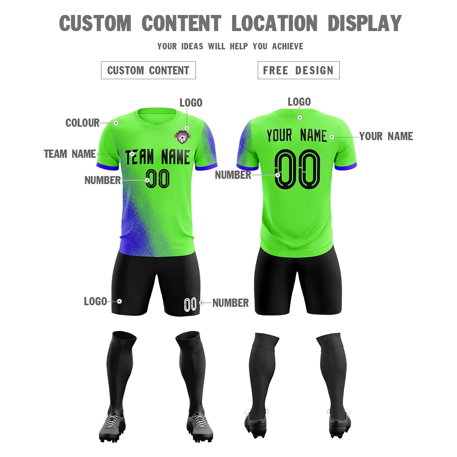 Custom Neon Green Royal Blue Outdoor Sport Soccer Sets Jersey