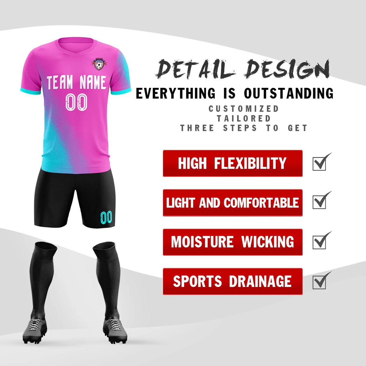 Custom Pink Sky Blue Outdoor Sport Soccer Sets Jersey