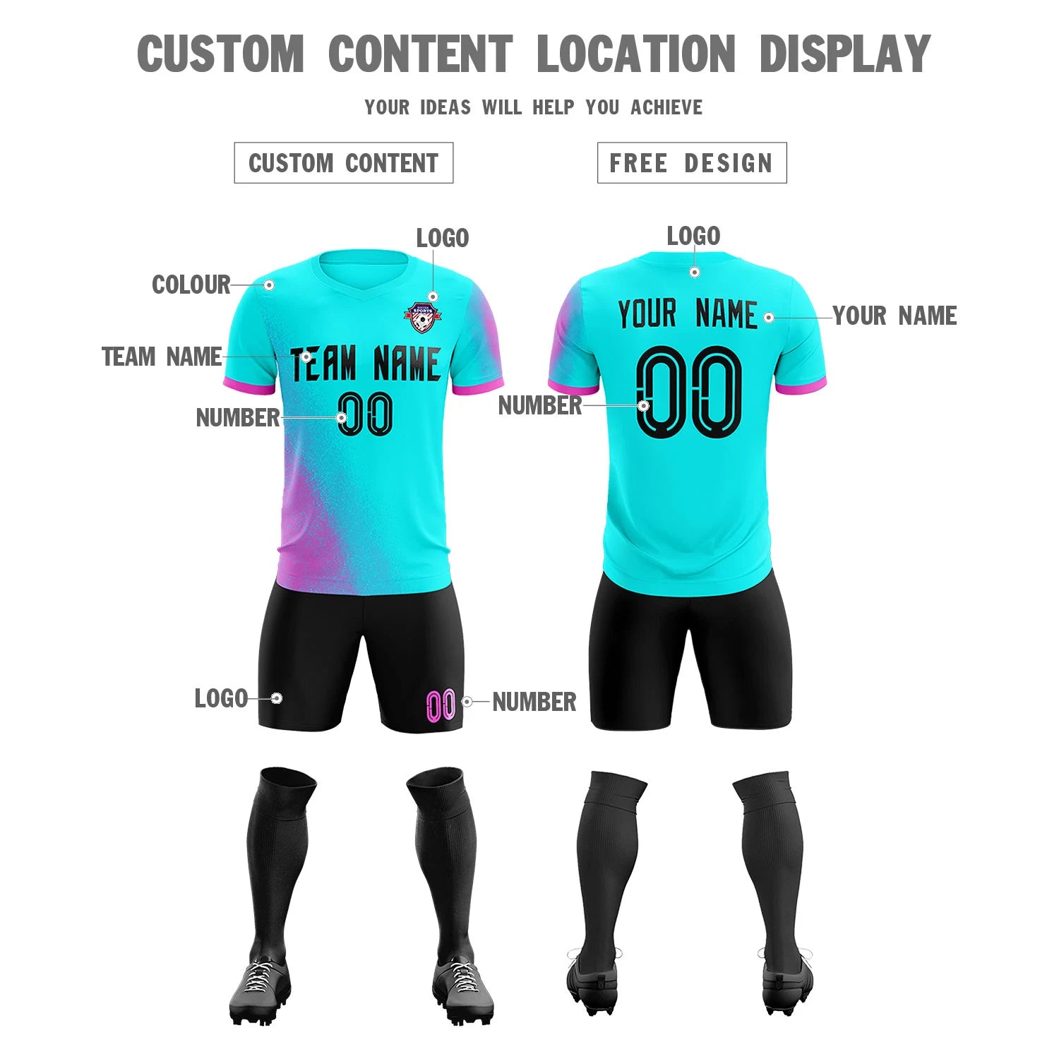 Custom Sky Blue Pink Outdoor Sport Soccer Sets Jersey