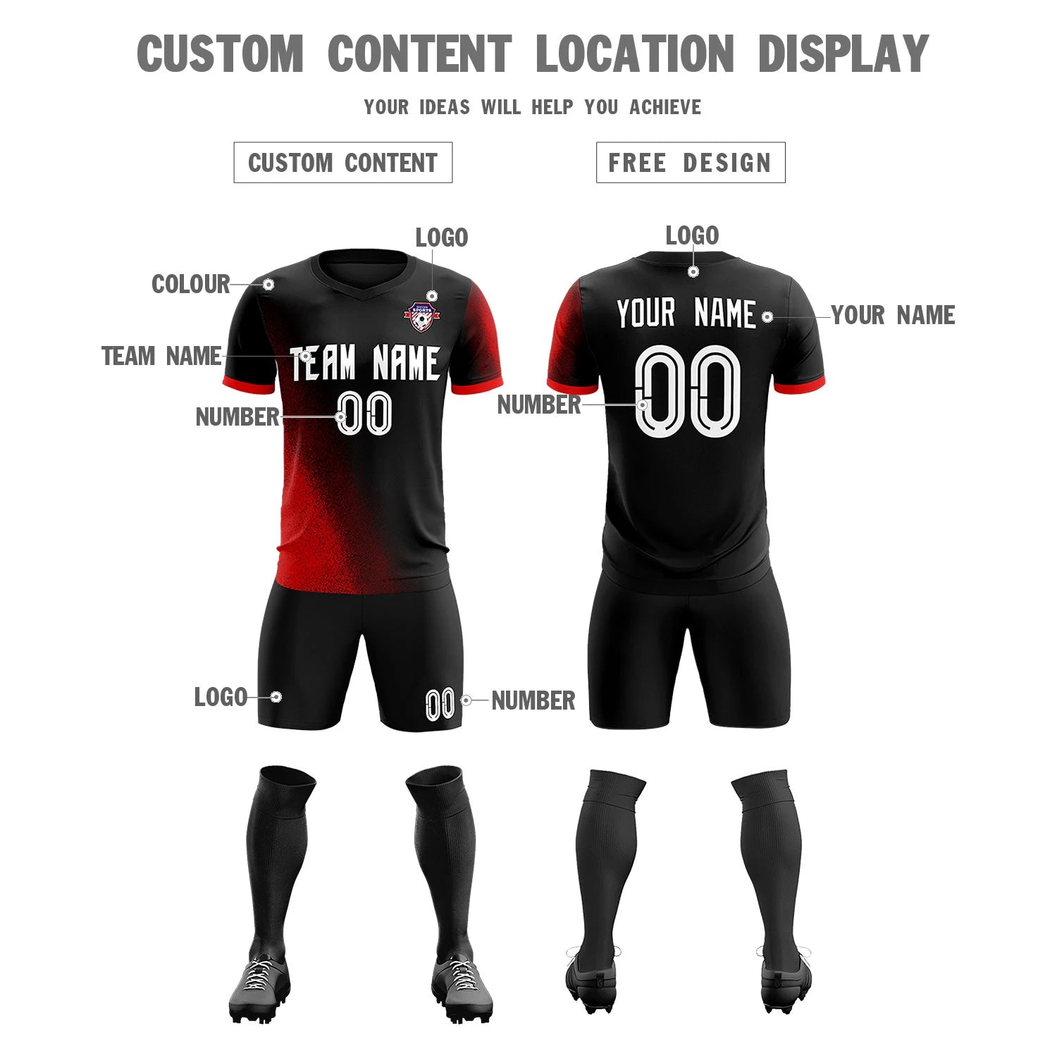 Custom Black Red Outdoor Sport Soccer Sets Jersey