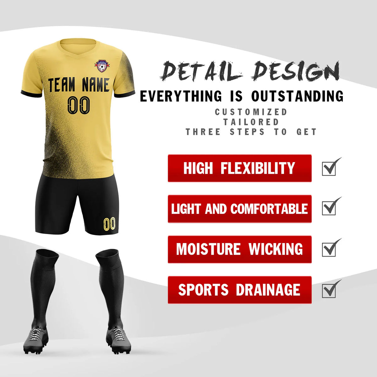 Custom Khaki Black Outdoor Sport Soccer Sets Jersey