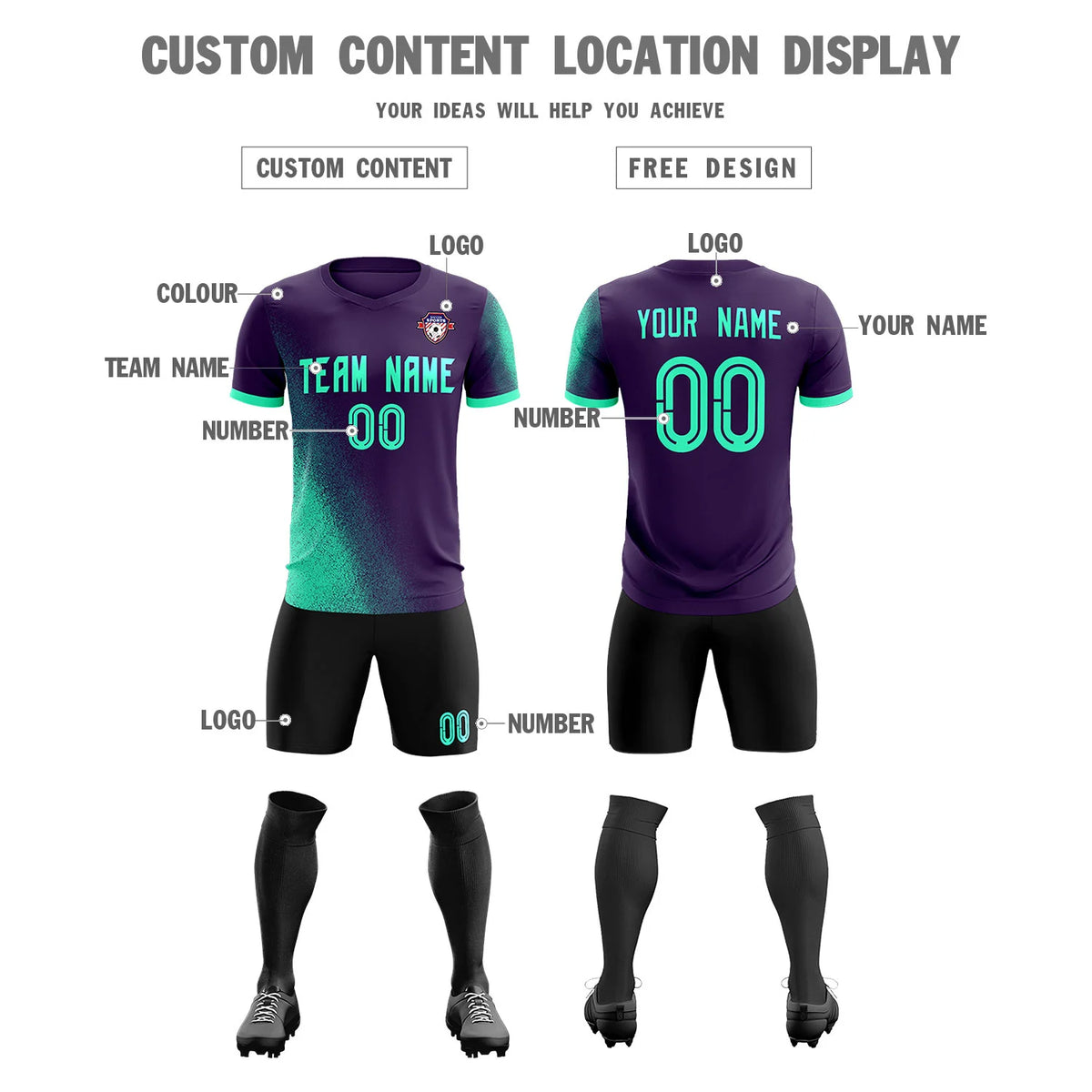 Custom Dark Purple Green Outdoor Sport Soccer Sets Jersey