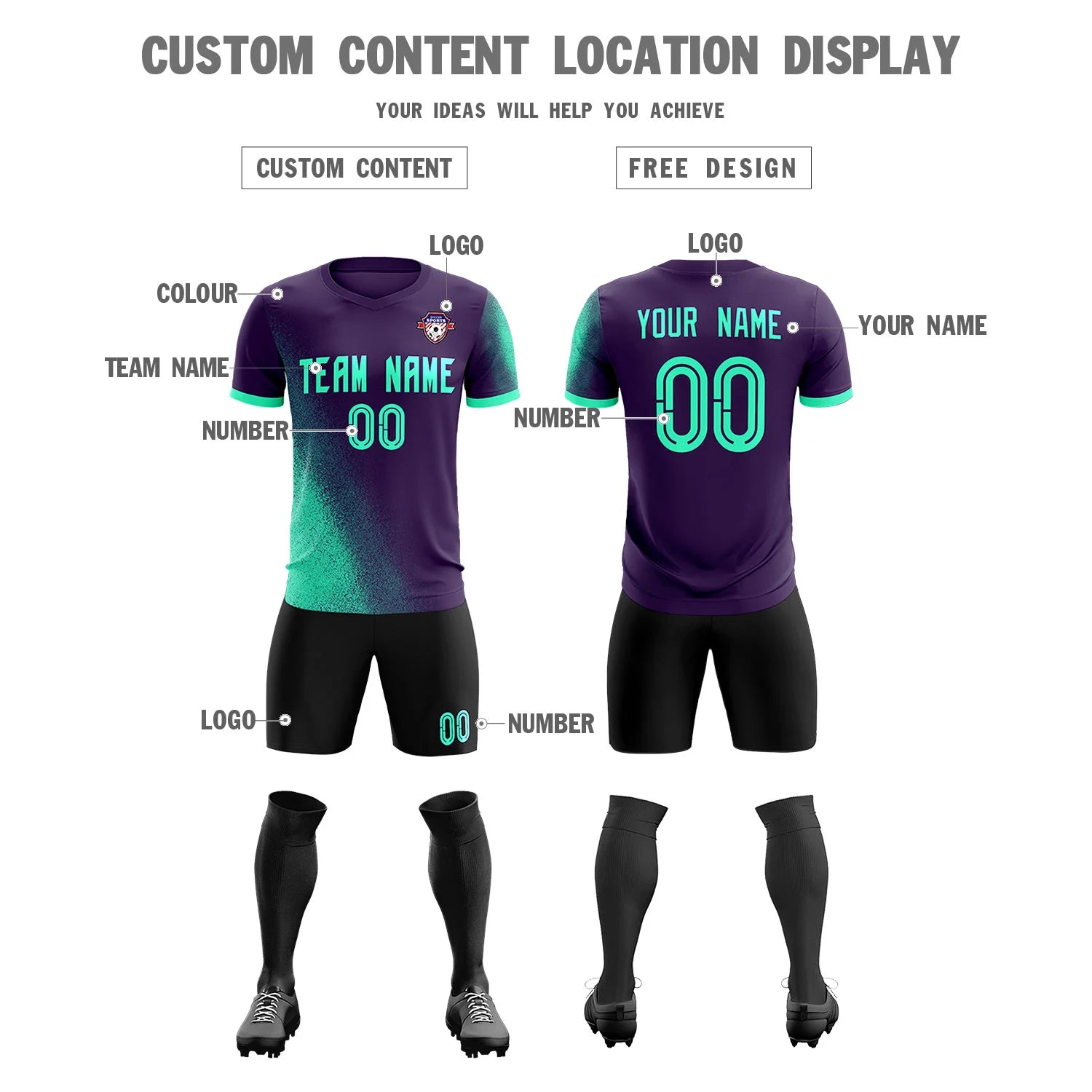 Custom Dark Purple Green Outdoor Sport Soccer Sets Jersey