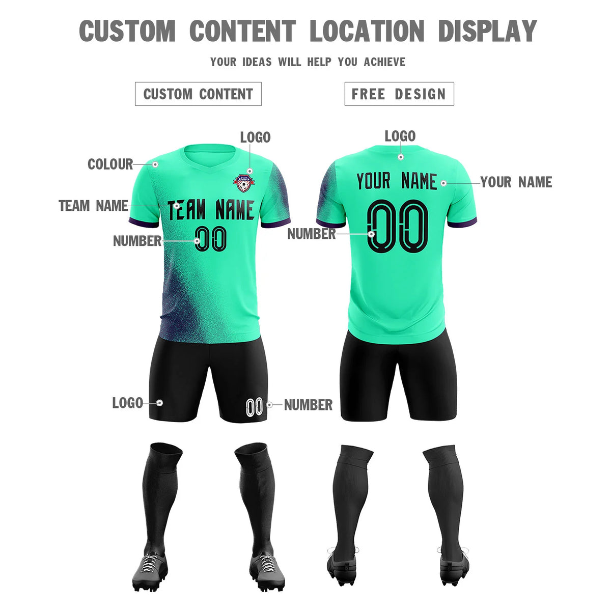 Custom Green Dark Purple Outdoor Sport Soccer Sets Jersey