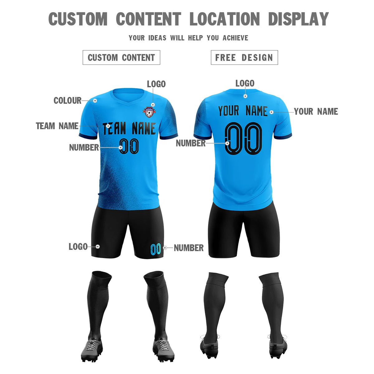 Custom Powder Blue Navy Outdoor Sport Soccer Sets Jersey