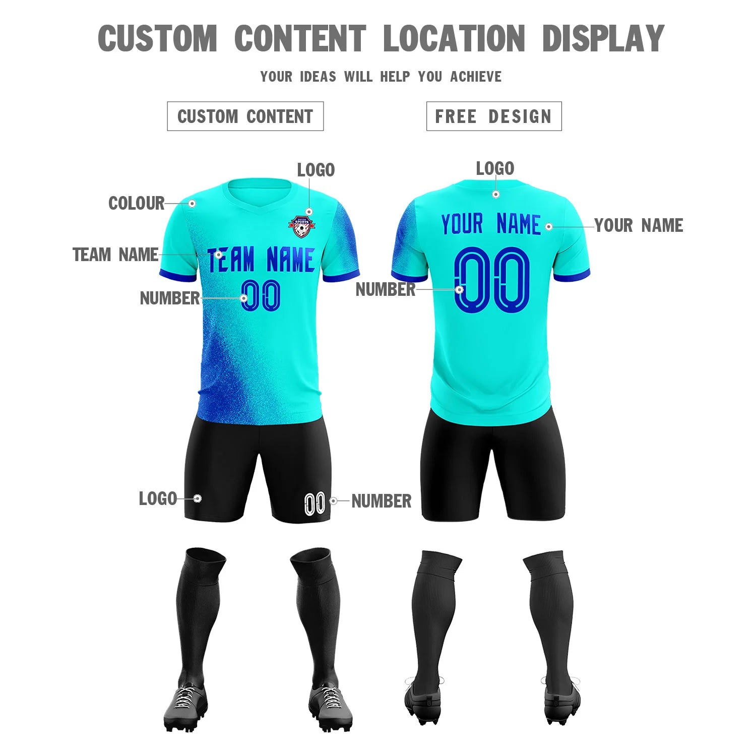 Custom Blue Royal Blue Outdoor Sport Soccer Sets Jersey