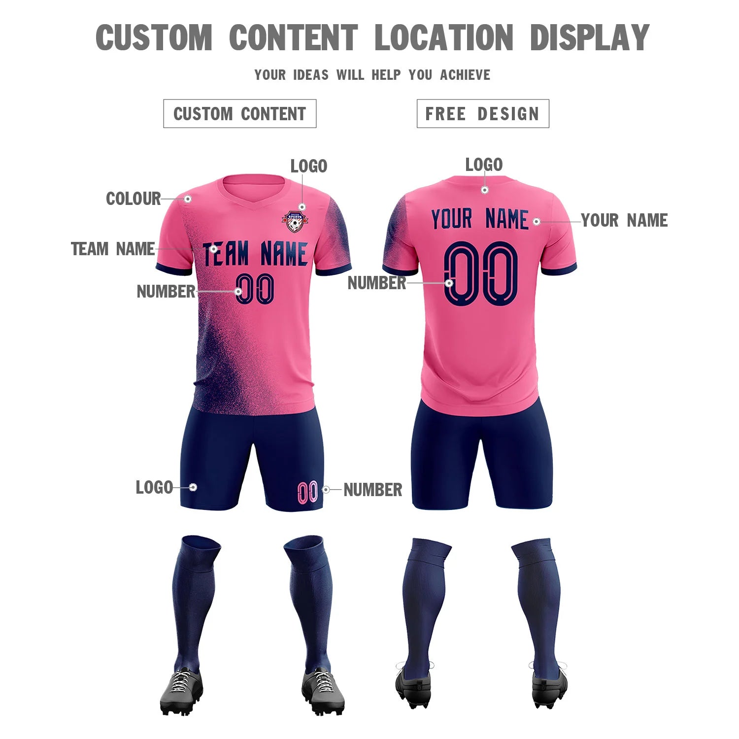 Custom Pink Navy Outdoor Sport Soccer Sets Jersey