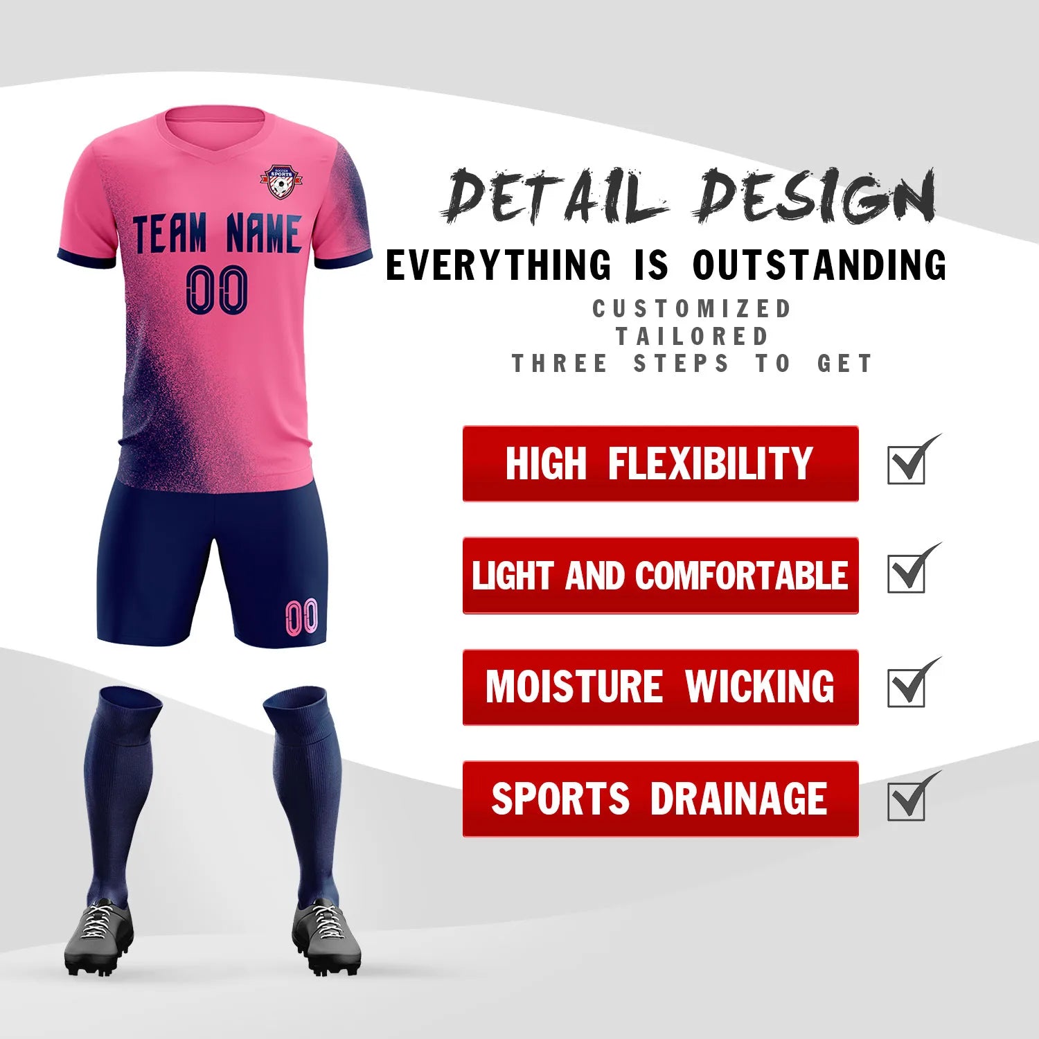 Custom Pink Navy Outdoor Sport Soccer Sets Jersey