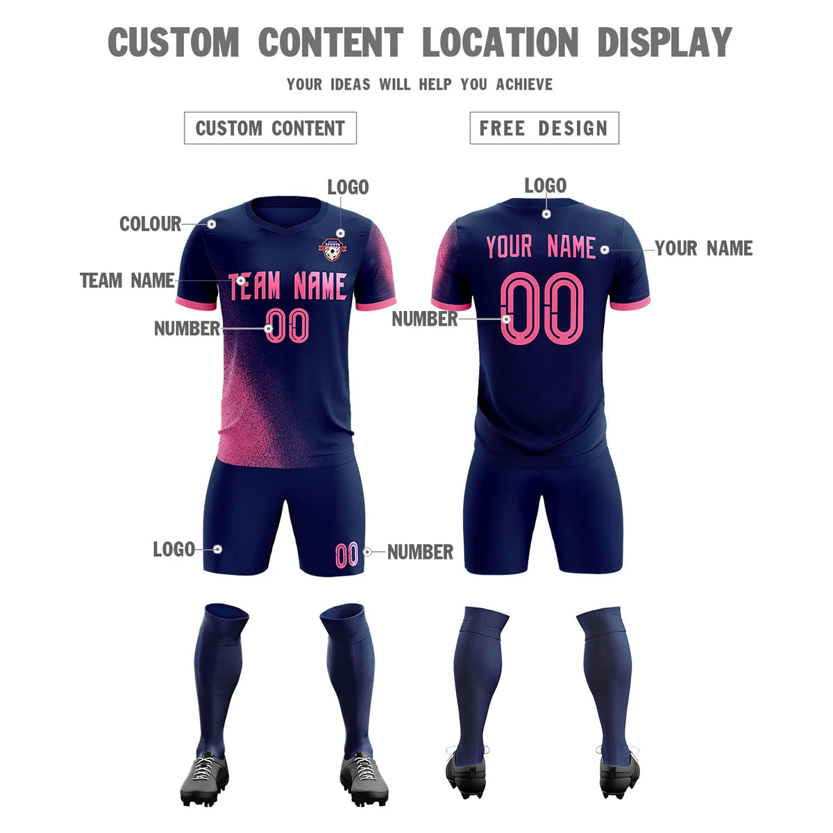 Custom Navy Pink Outdoor Sport Soccer Sets Jersey