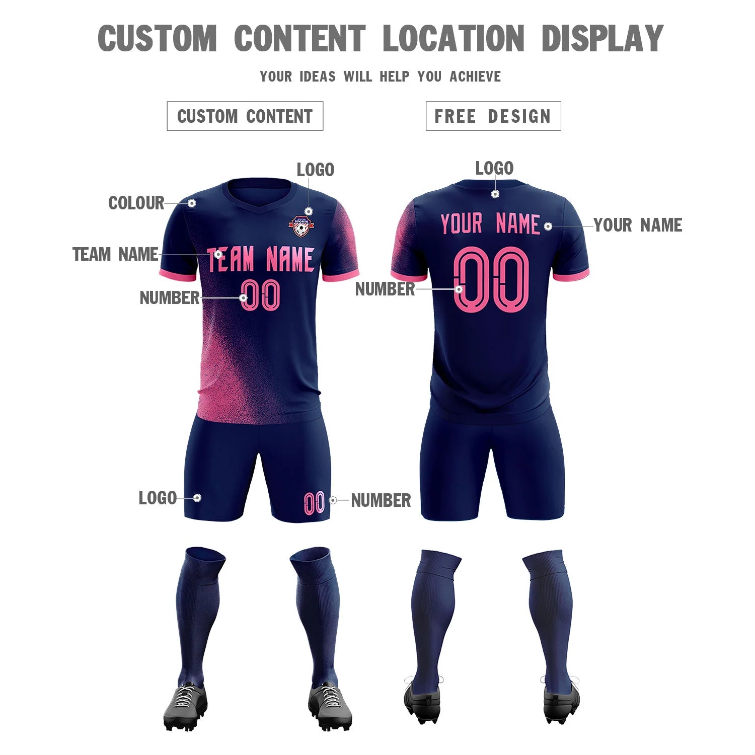 Custom Navy Pink Outdoor Sport Soccer Sets Jersey