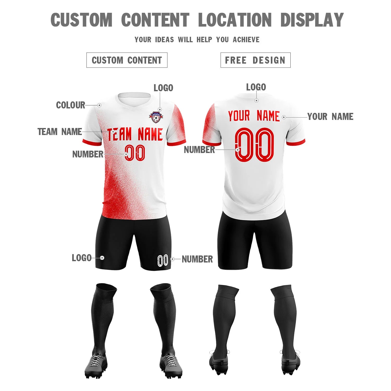 Custom White Red Outdoor Sport Soccer Sets Jersey