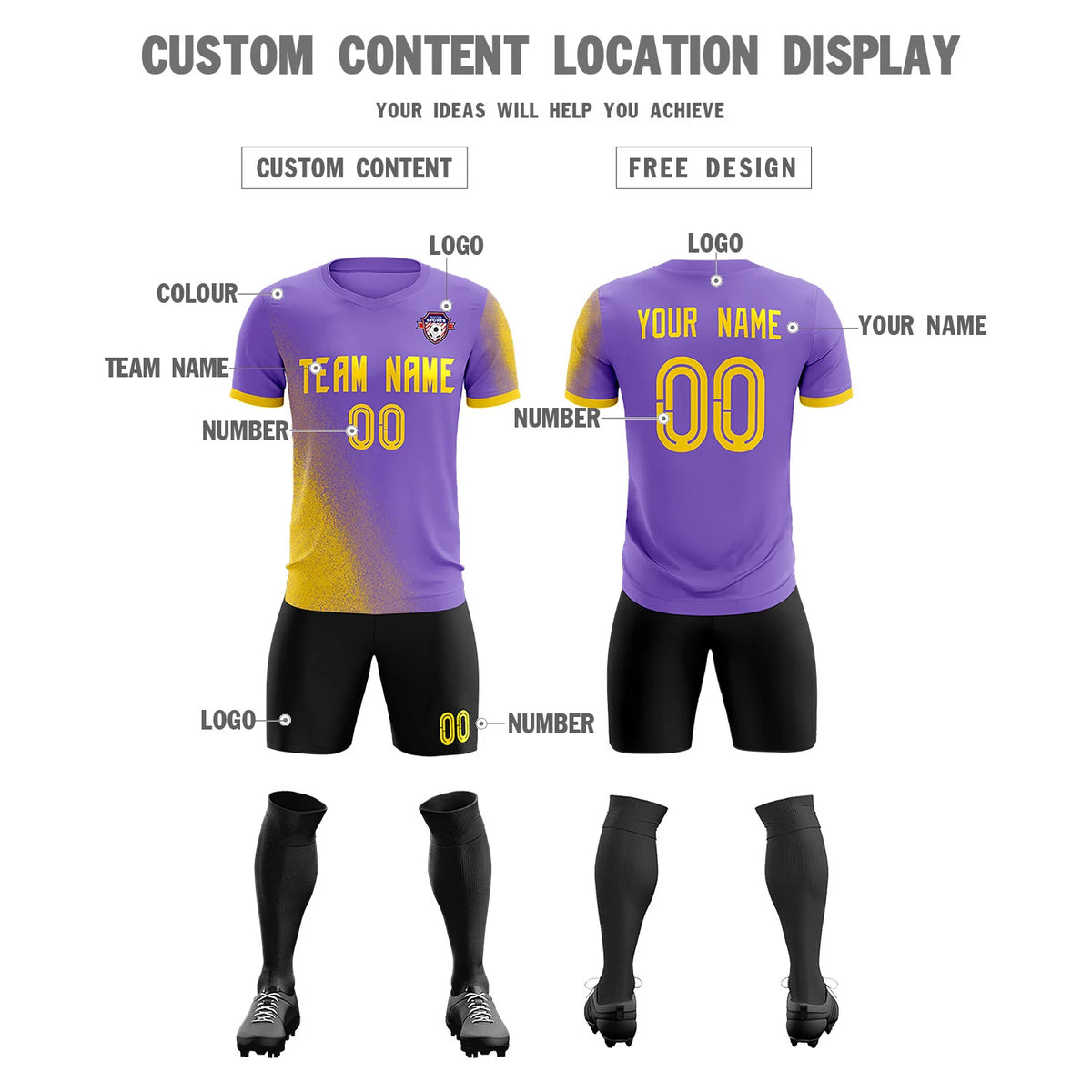 Custom Light Purple Gold01 Outdoor Sport Soccer Sets Jersey