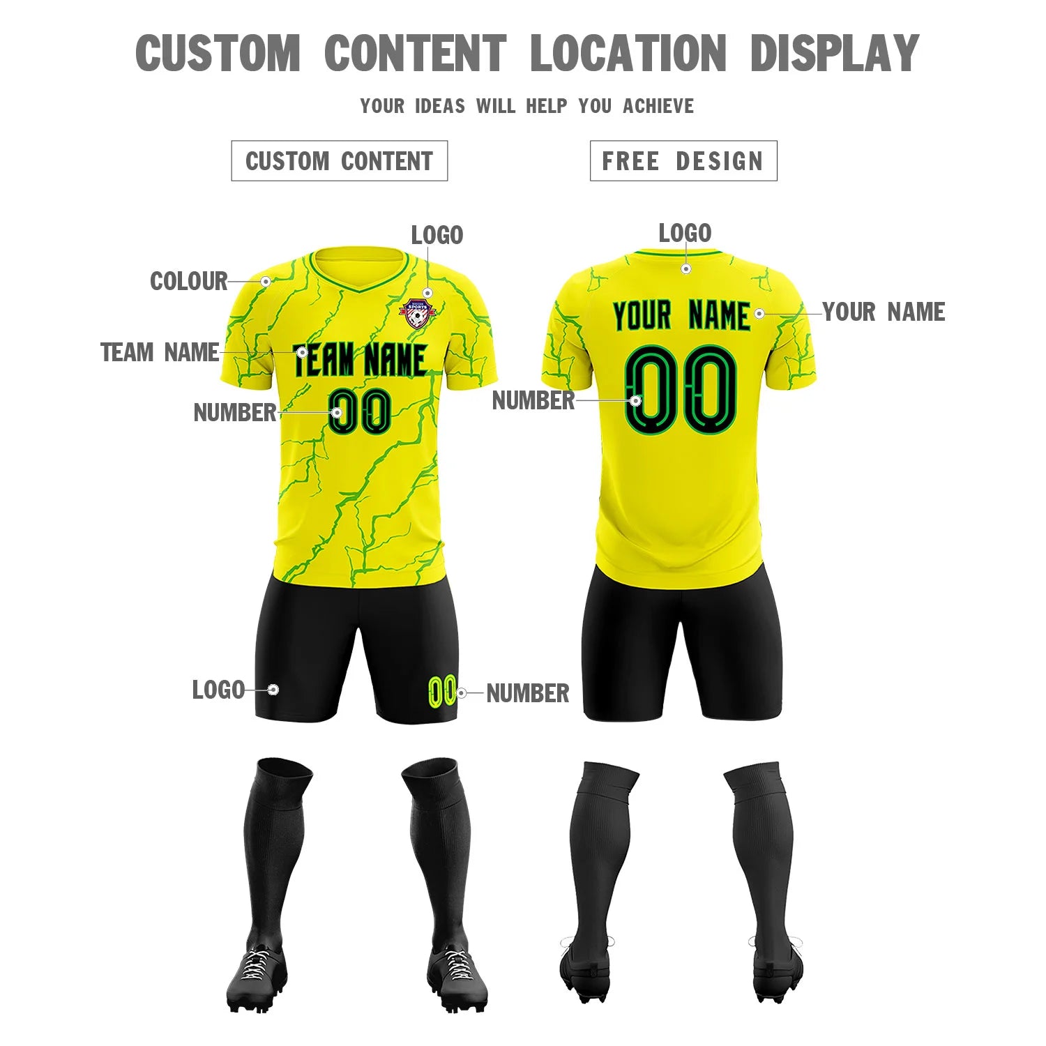 Custom Yellow Kelly Green Training Uniform Soccer Sets Jersey