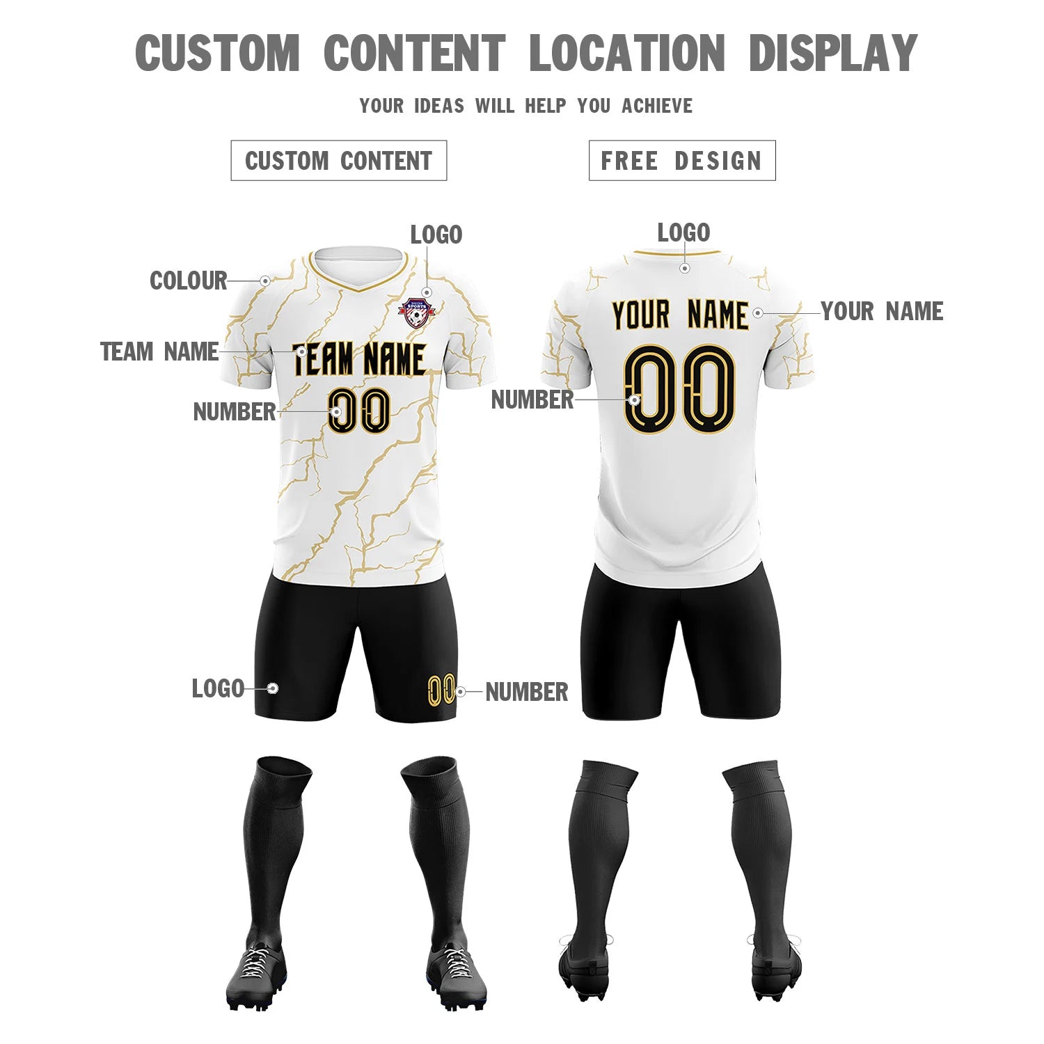 Custom White Old Gold Training Uniform Soccer Sets Jersey