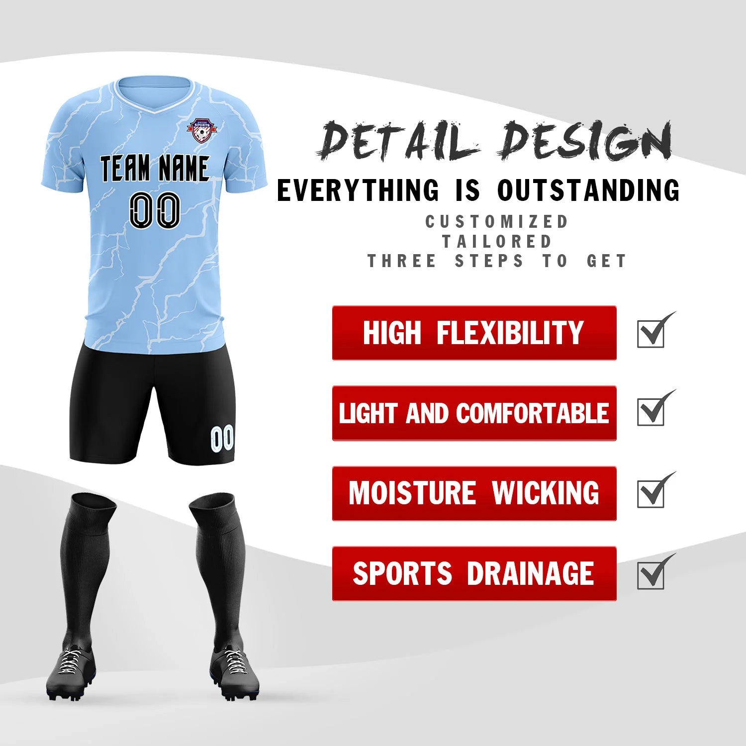 Custom Light Blue White Training Uniform Soccer Sets Jersey