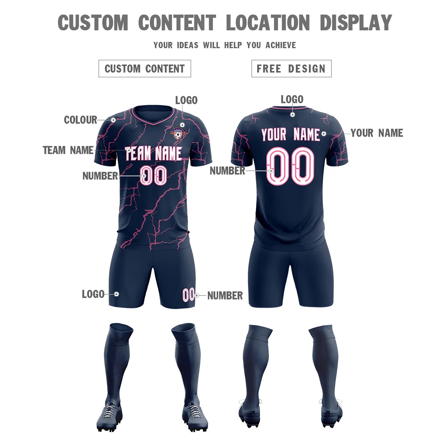 Custom Navy Pink Training Uniform Soccer Sets Jersey