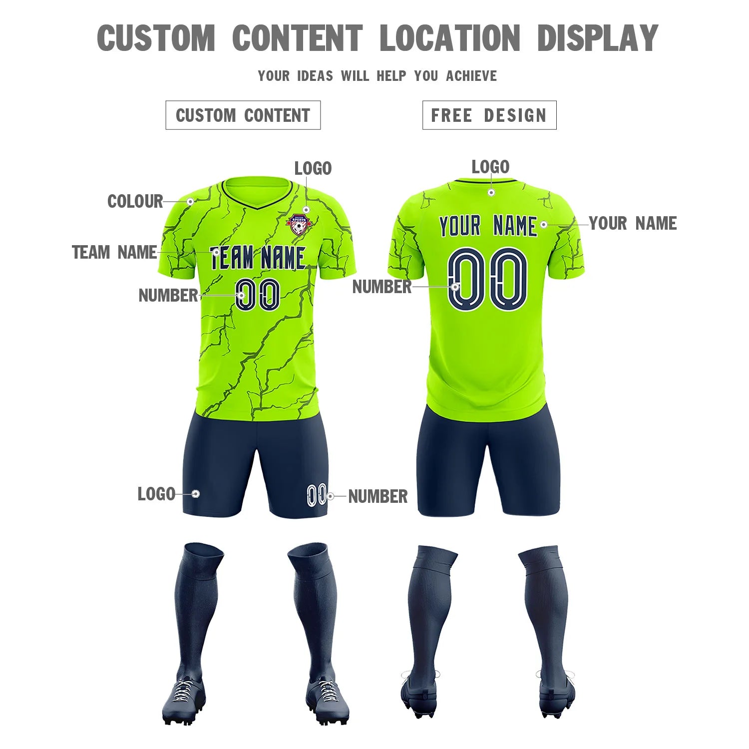 Custom Neon Green Navy Training Uniform Soccer Sets Jersey
