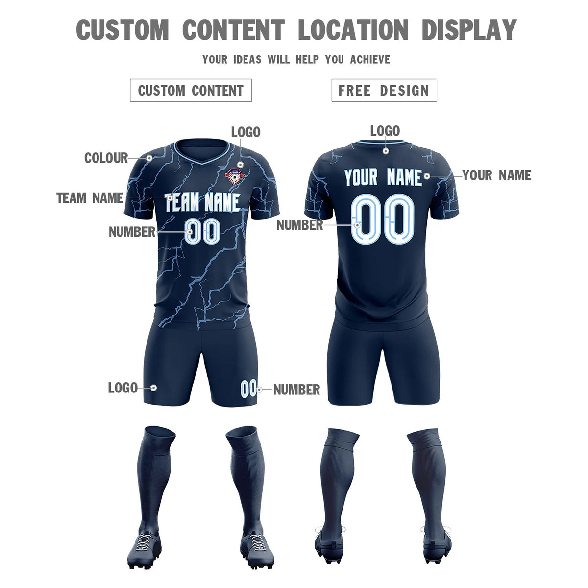Custom Navy Light Blue Training Uniform Soccer Sets Jersey