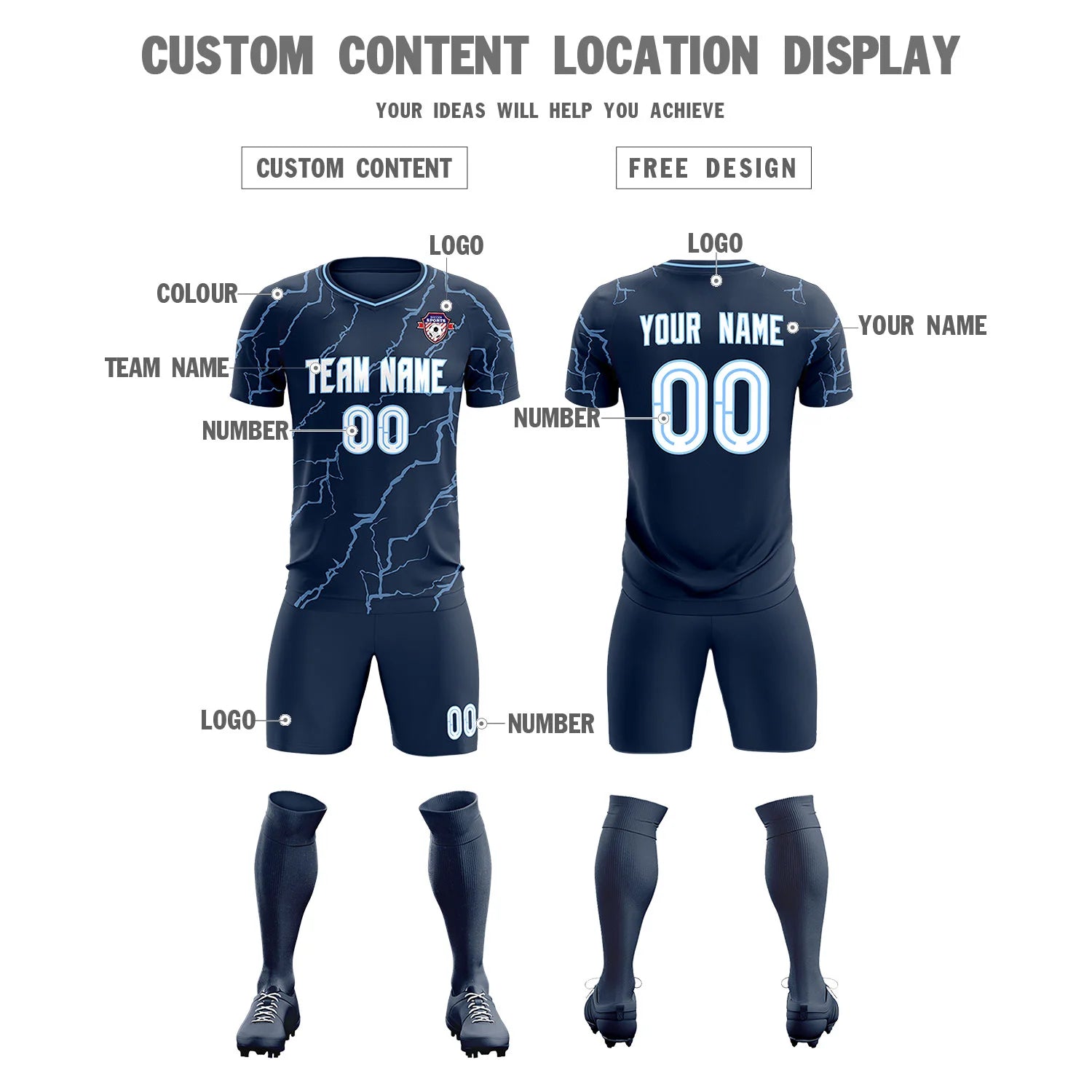 Custom Navy Light Blue Training Uniform Soccer Sets Jersey
