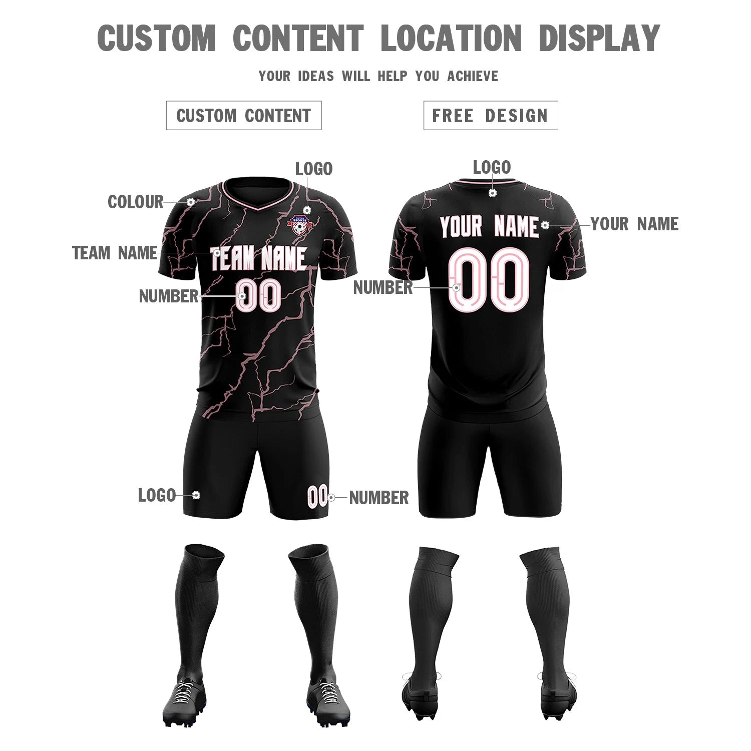 Custom Black Light Pink Training Uniform Soccer Sets Jersey
