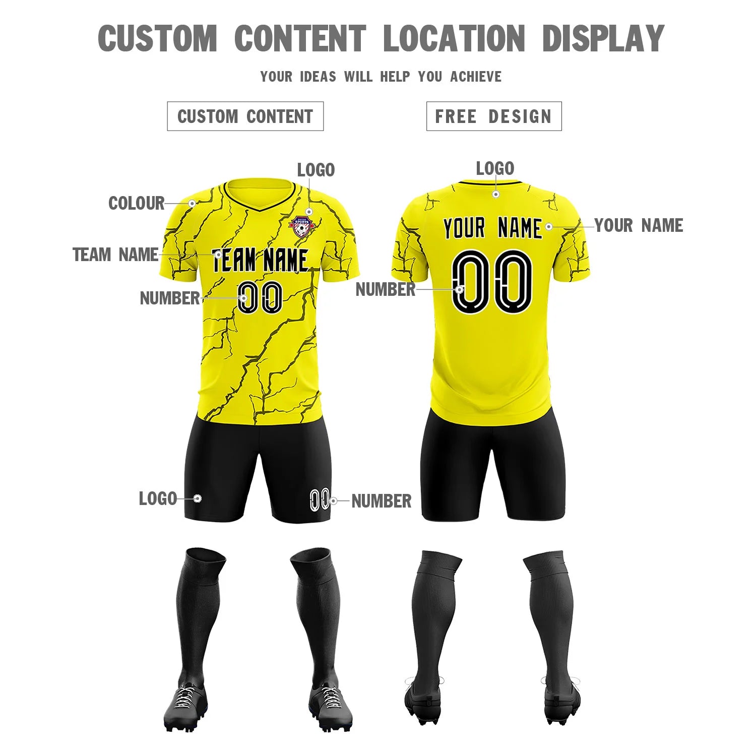 Custom Yellow Black Training Uniform Soccer Sets Jersey