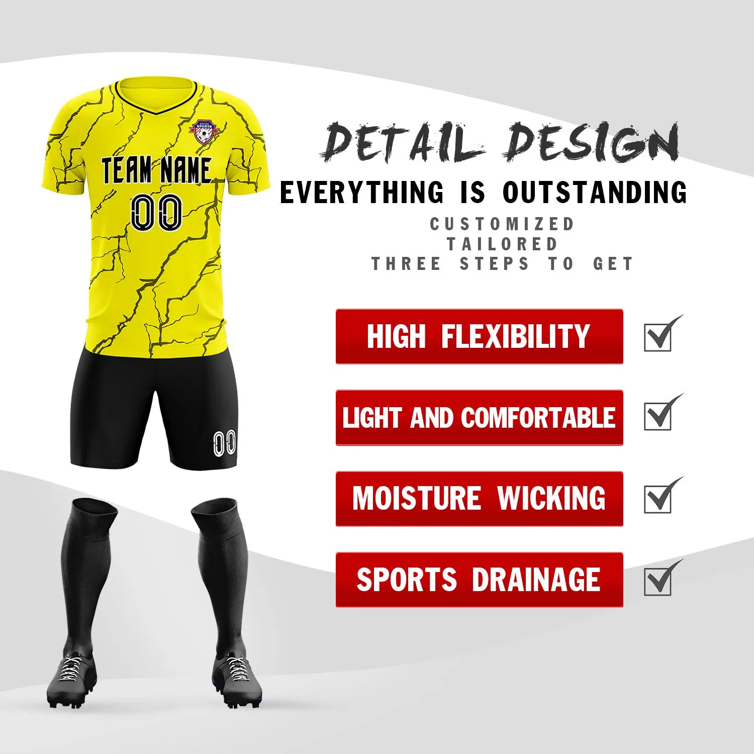 Custom Yellow Black Training Uniform Soccer Sets Jersey
