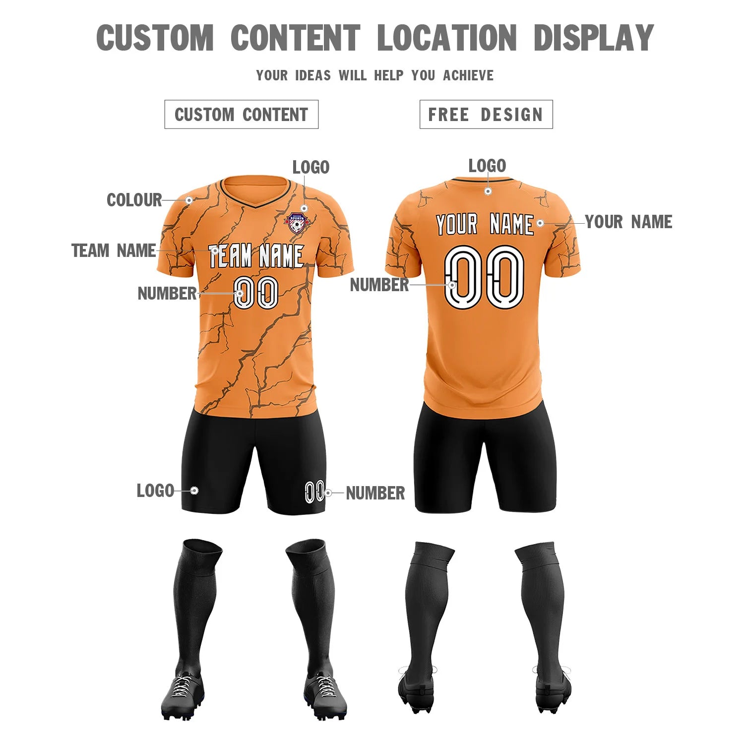 Custom Orange Black Training Uniform Soccer Sets Jersey