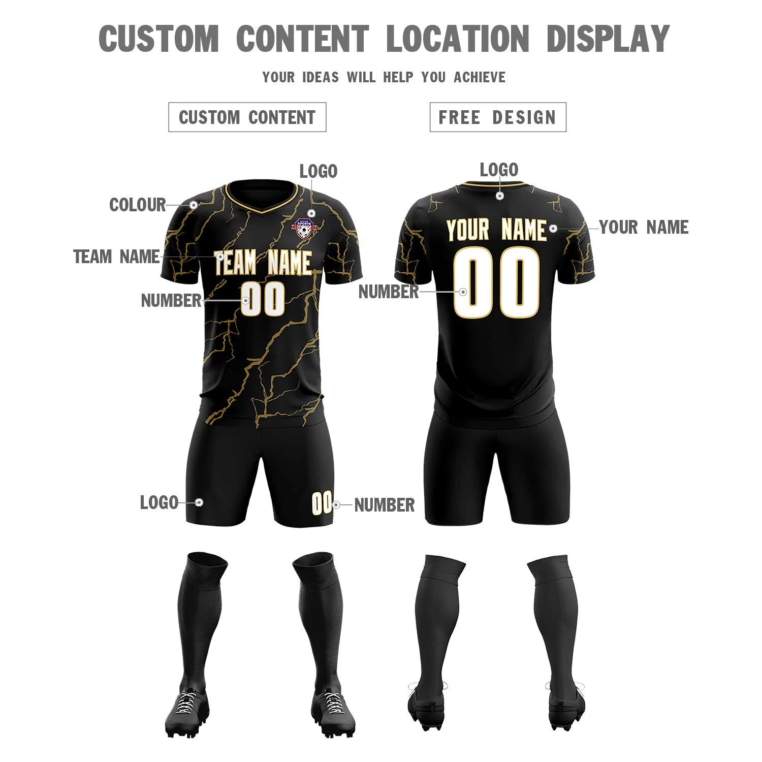 Custom Black Old Gold Training Uniform Soccer Sets Jersey