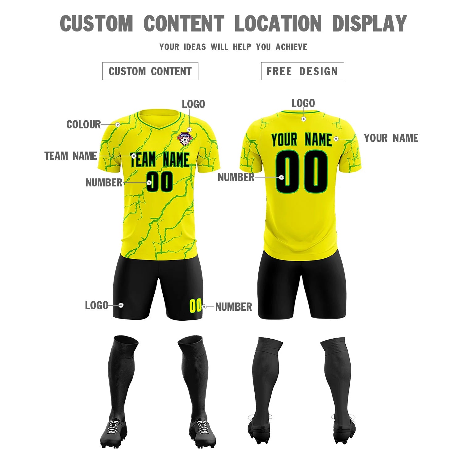 Custom Yellow Kelly Green Training Uniform Soccer Sets Jersey