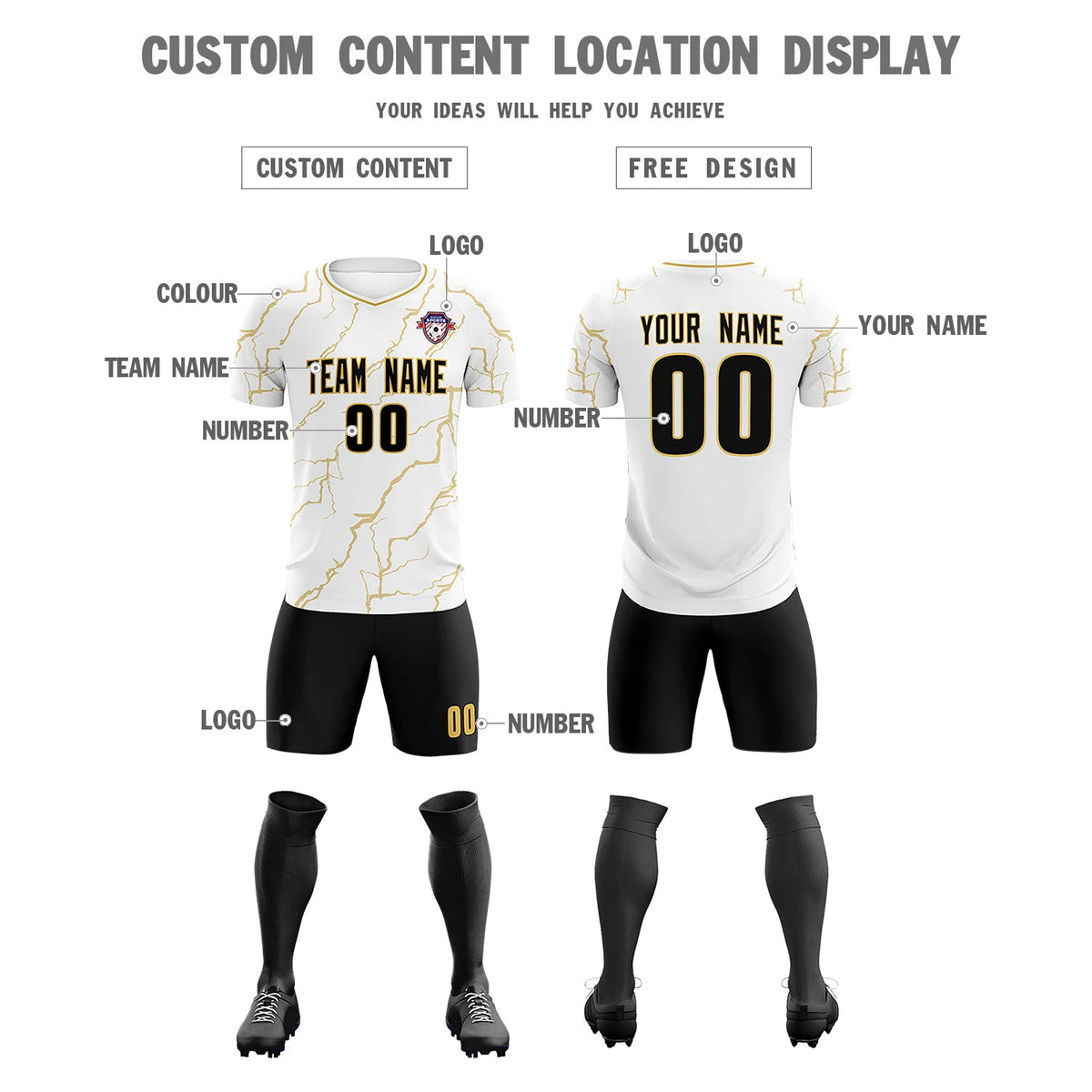 Custom White Old Gold Training Uniform Soccer Sets Jersey