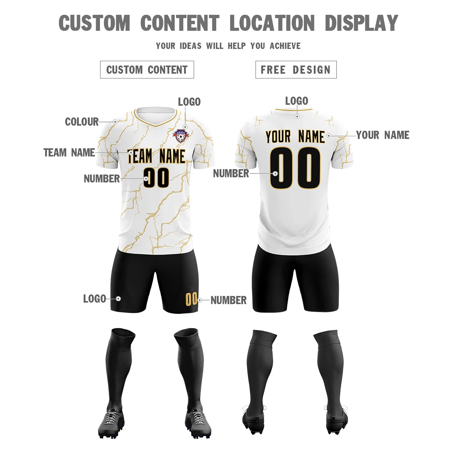Custom White Old Gold Training Uniform Soccer Sets Jersey