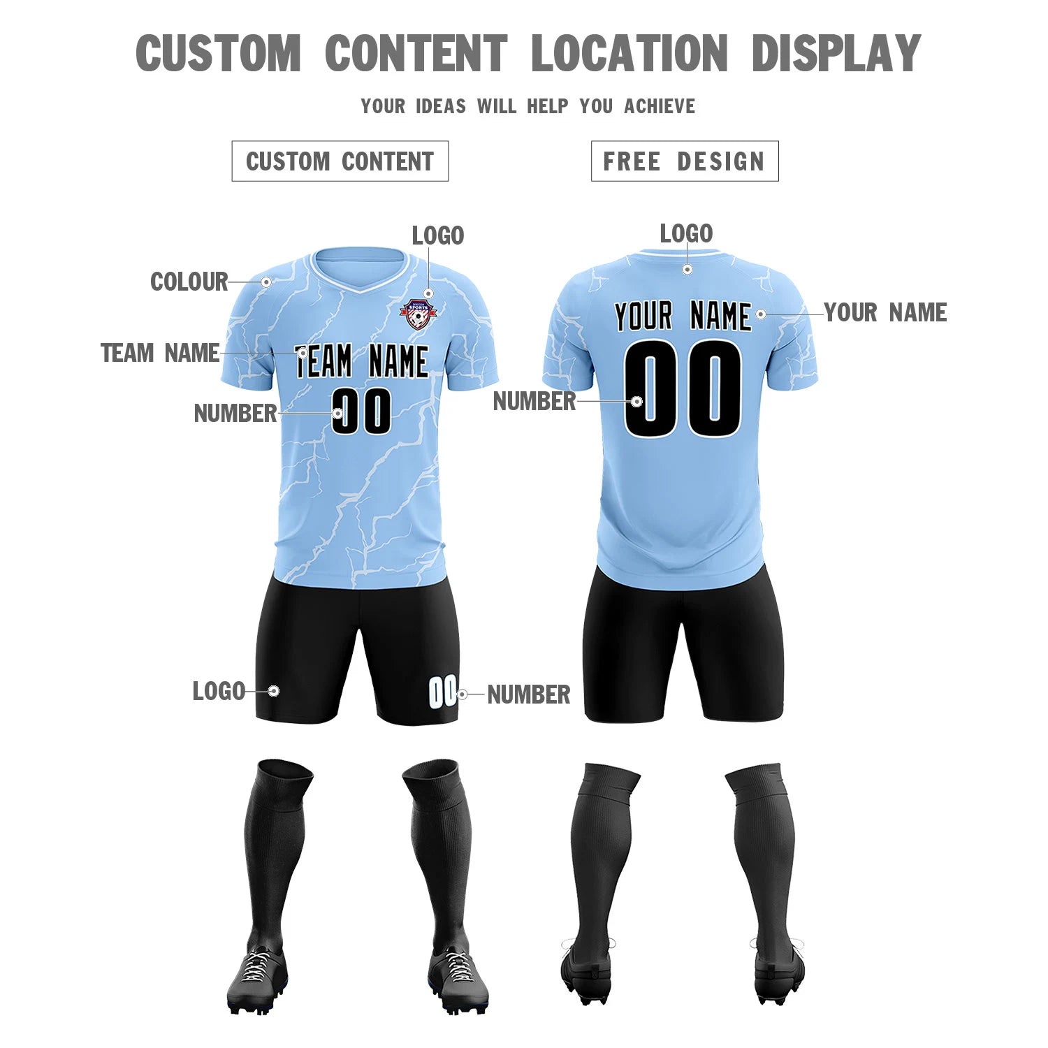 Custom Light Blue White Training Uniform Soccer Sets Jersey