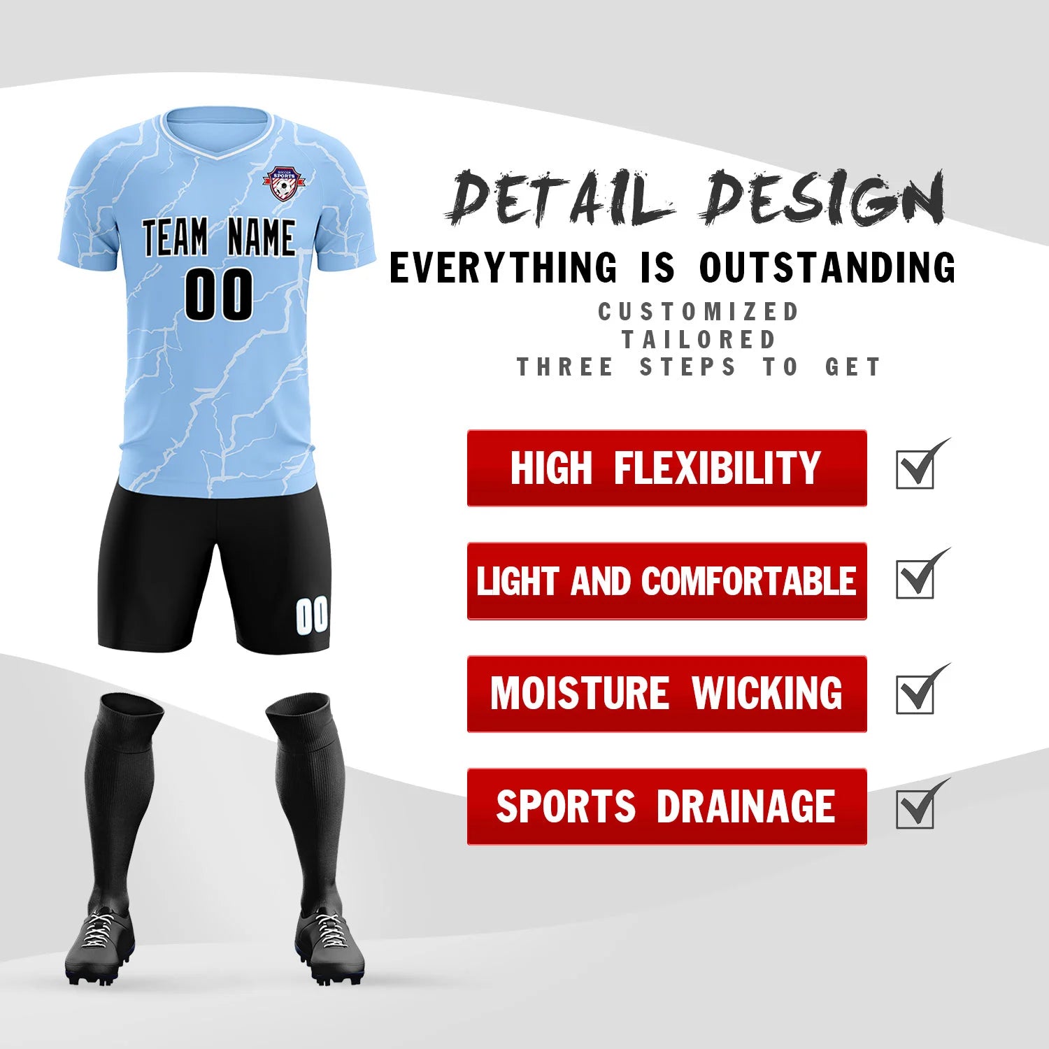 Custom Light Blue White Training Uniform Soccer Sets Jersey