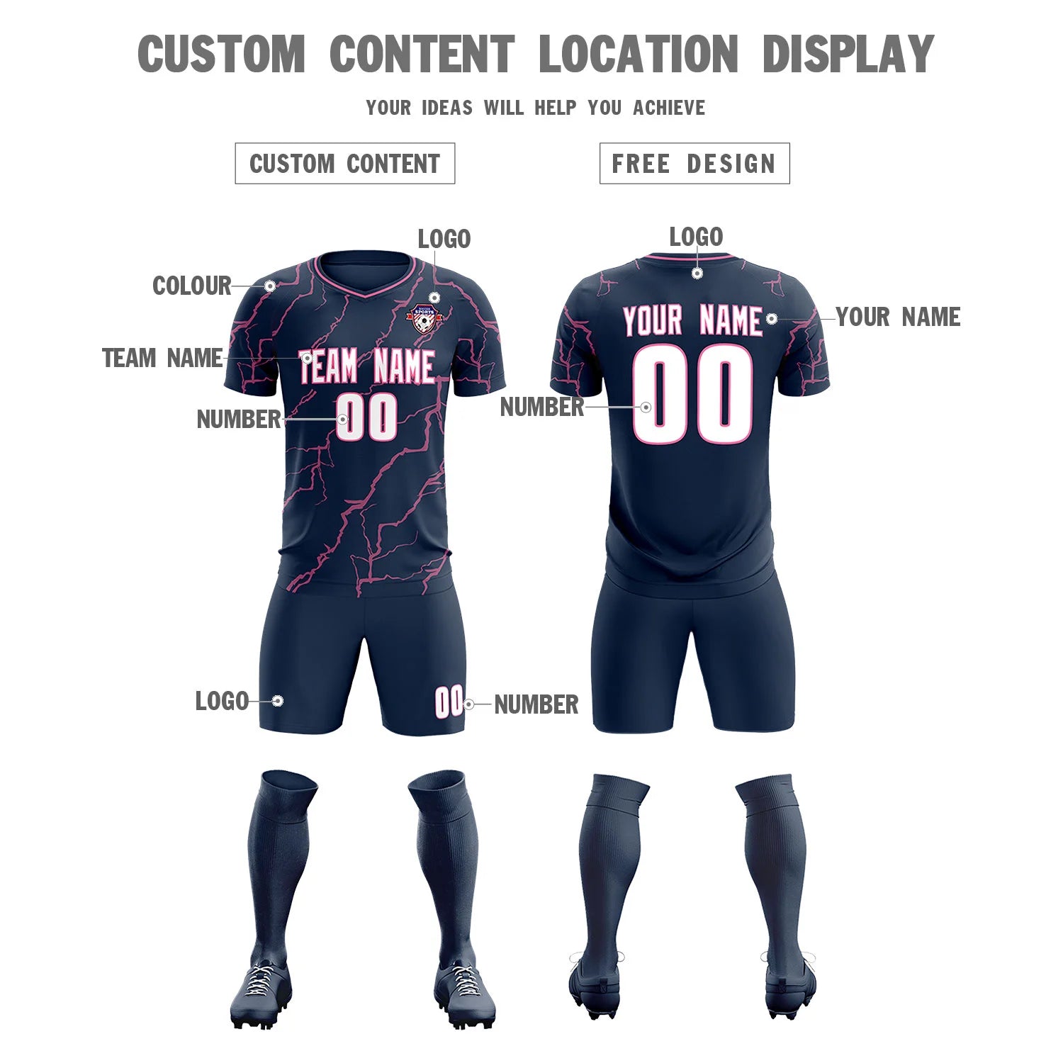 Custom Navy Pink Training Uniform Soccer Sets Jersey