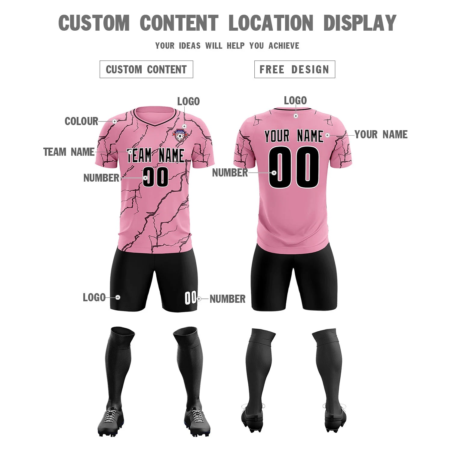 Custom Light Pink Black Training Uniform Soccer Sets Jersey
