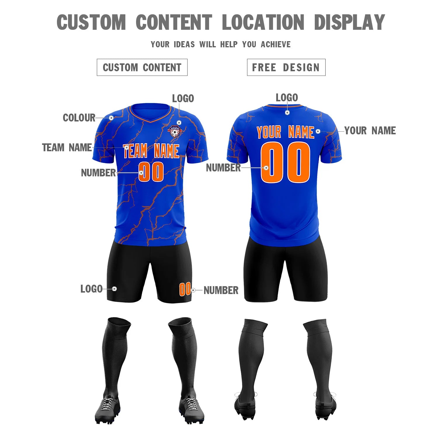 Custom Royal Blue Orange Training Uniform Soccer Sets Jersey