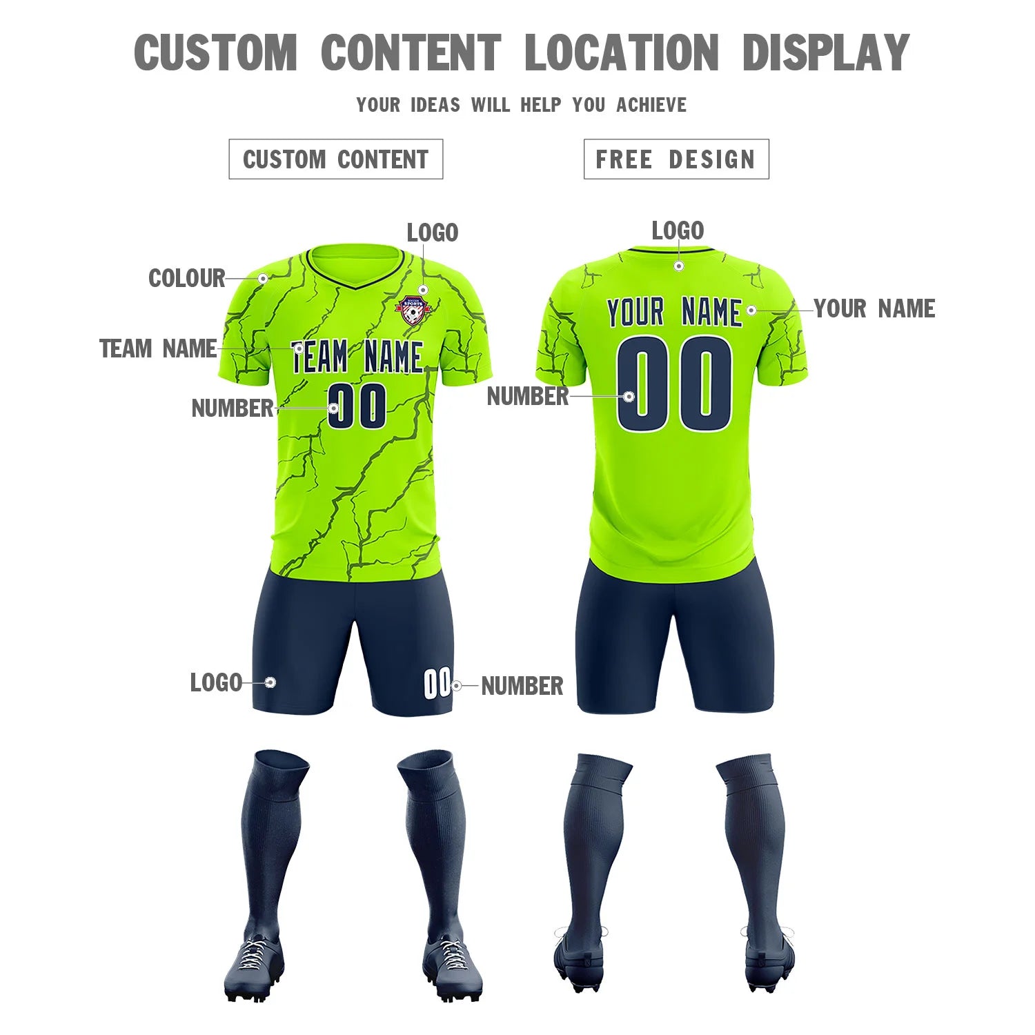 Custom Neon Green Navy Training Uniform Soccer Sets Jersey