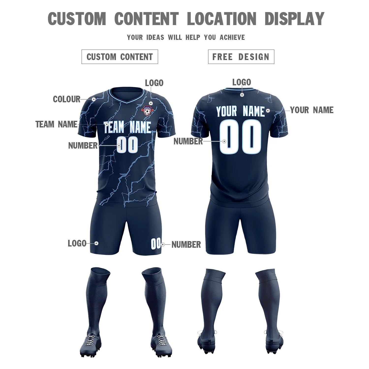Custom Navy Light Blue Training Uniform Soccer Sets Jersey