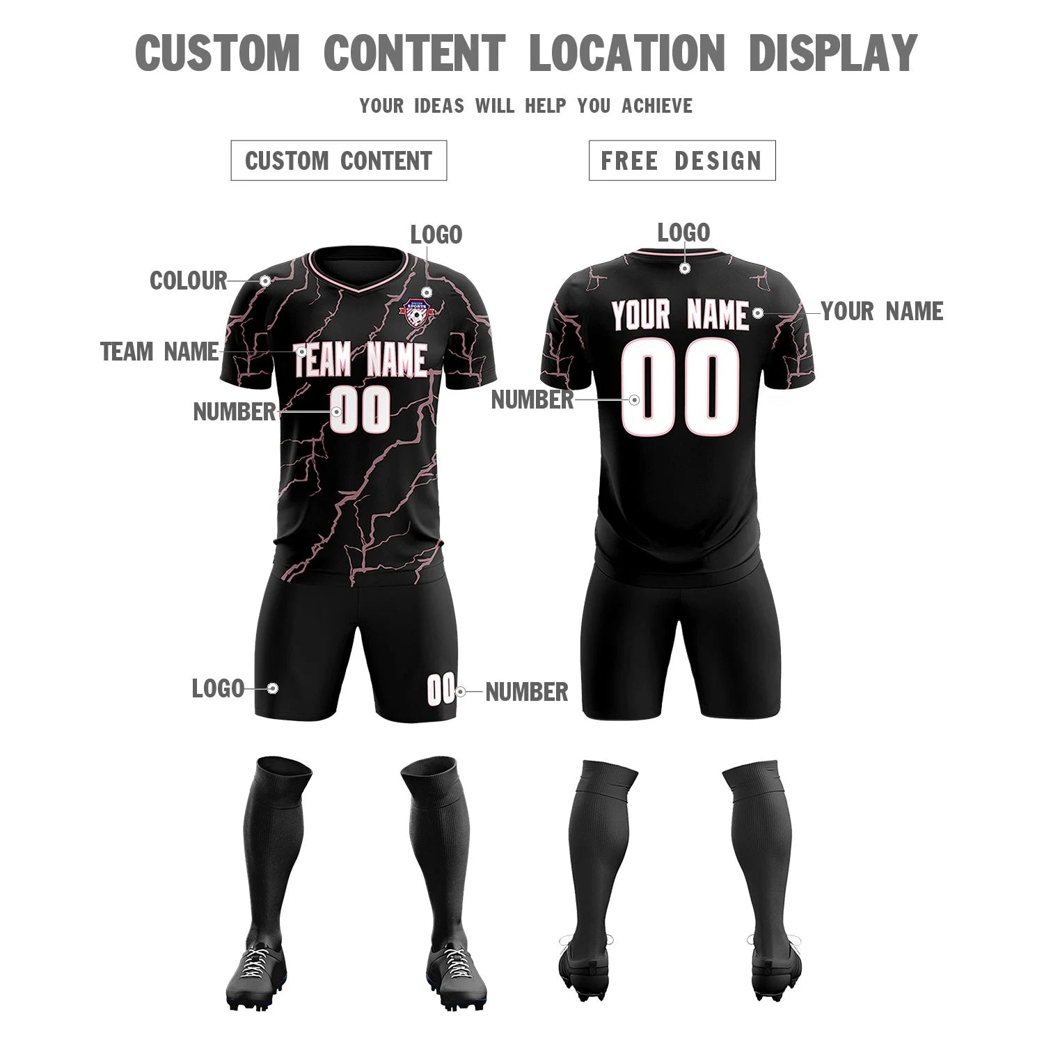 Custom Black Light Pink Training Uniform Soccer Sets Jersey