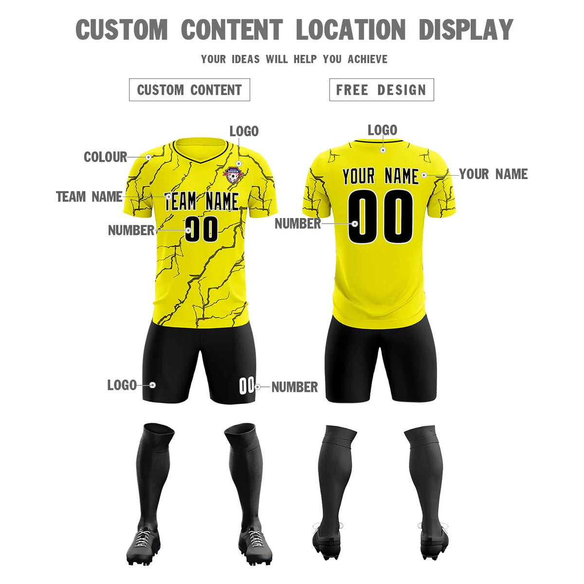 Custom Yellow Black Training Uniform Soccer Sets Jersey