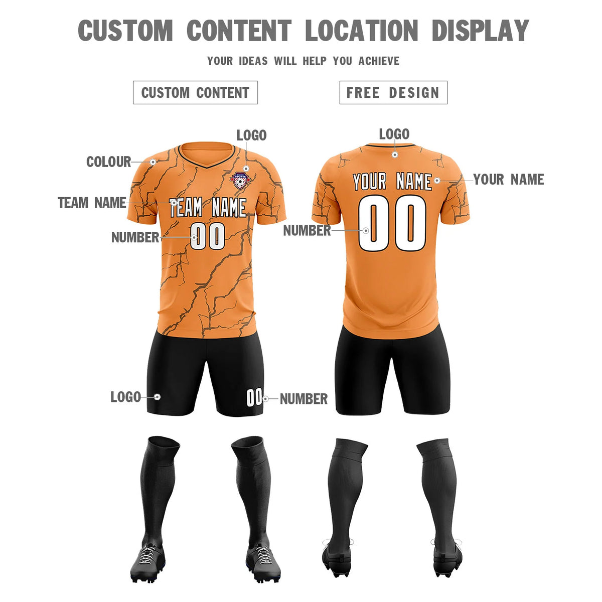 Custom Orange Black Training Uniform Soccer Sets Jersey