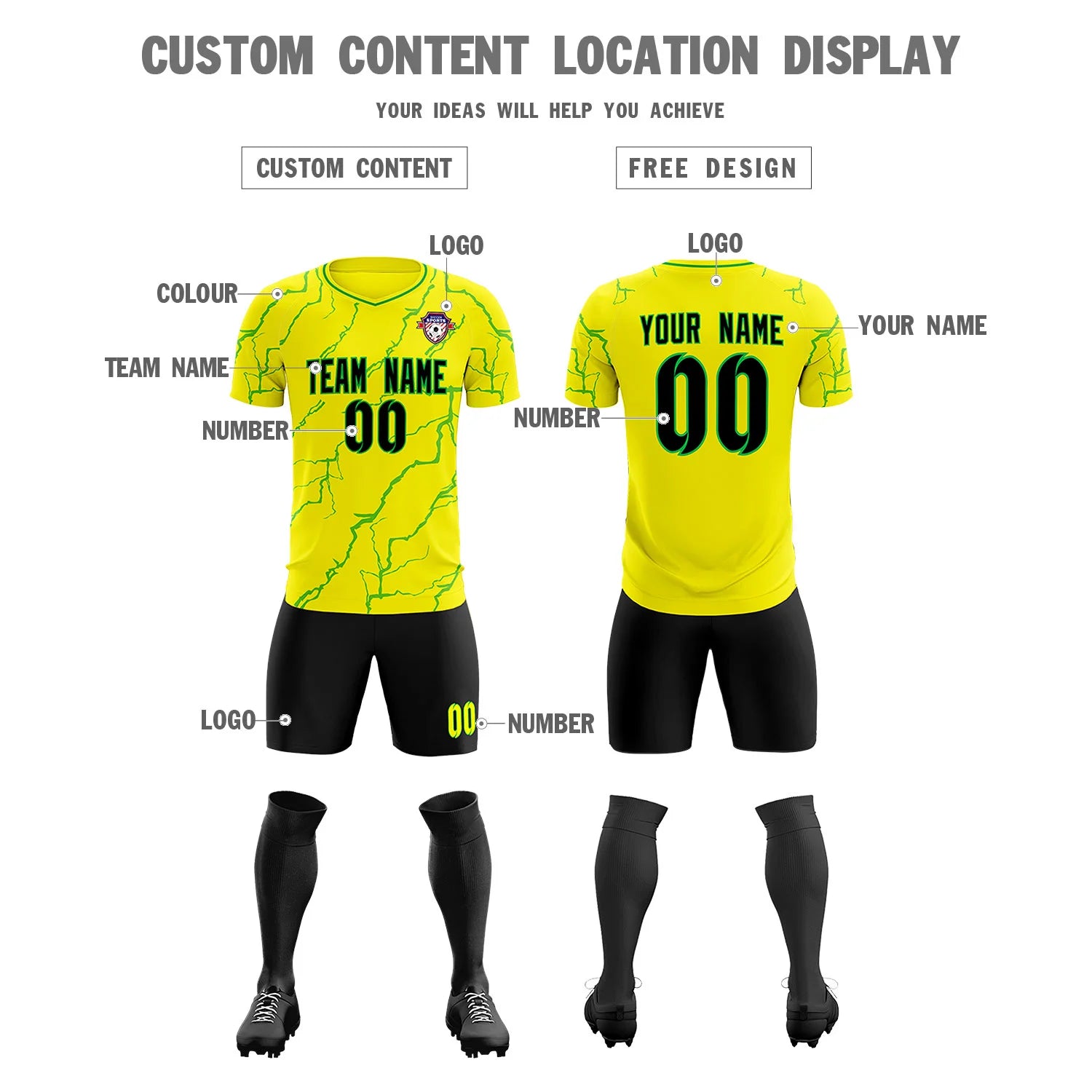 Custom Yellow Kelly Green Training Uniform Soccer Sets Jersey