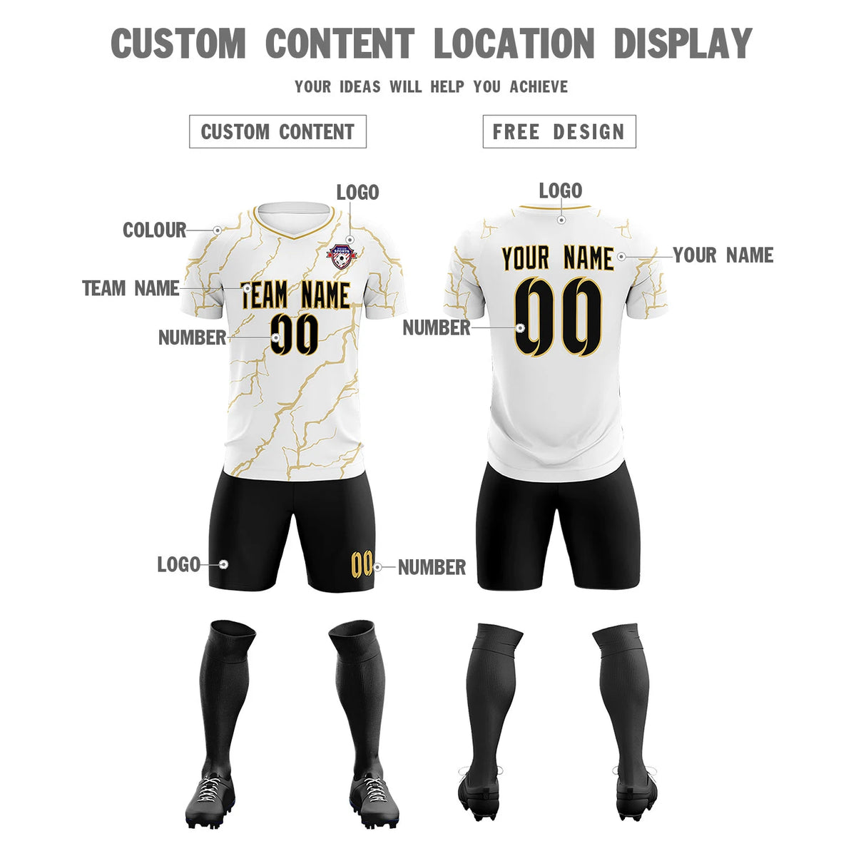 Custom White Old Gold Training Uniform Soccer Sets Jersey