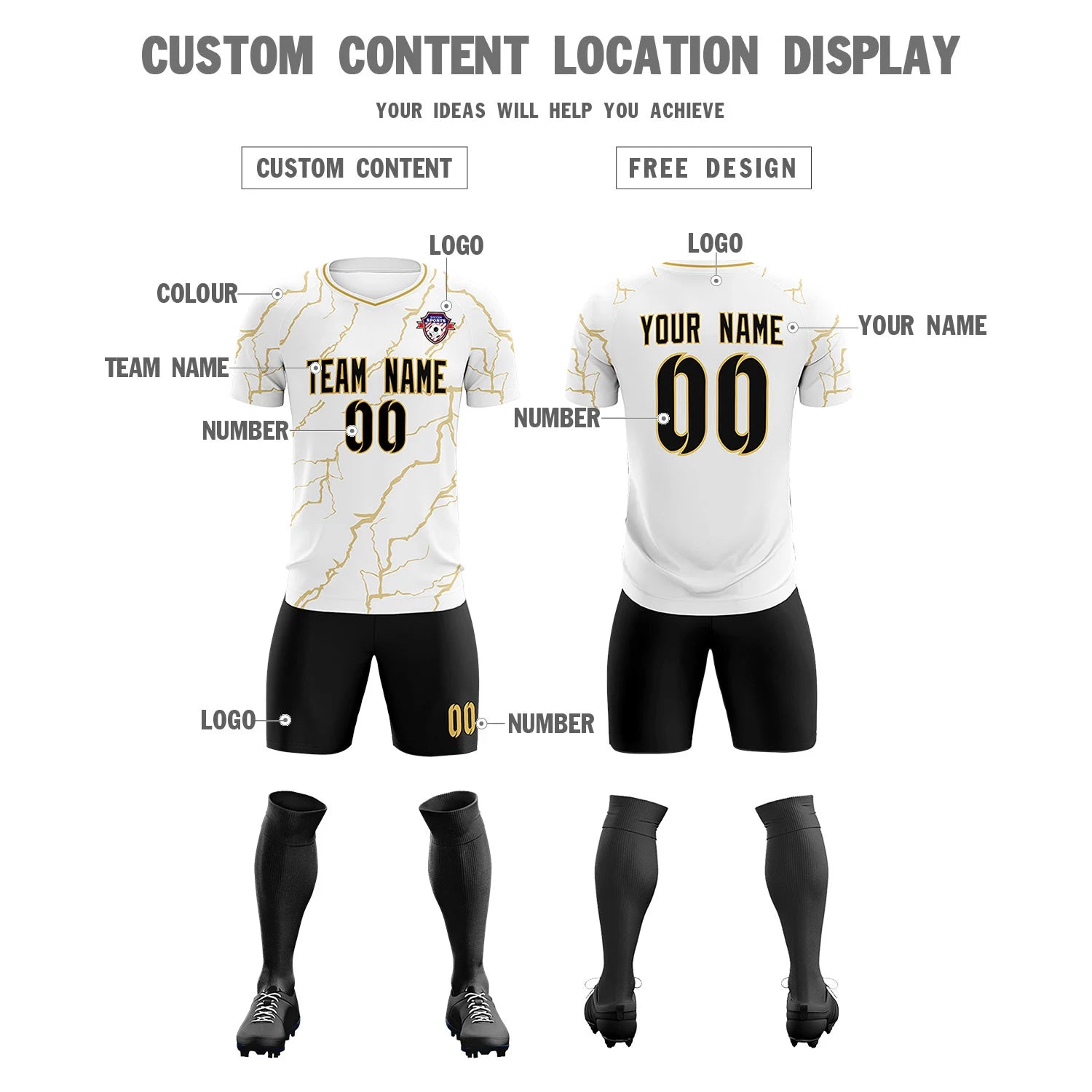 Custom White Old Gold Training Uniform Soccer Sets Jersey