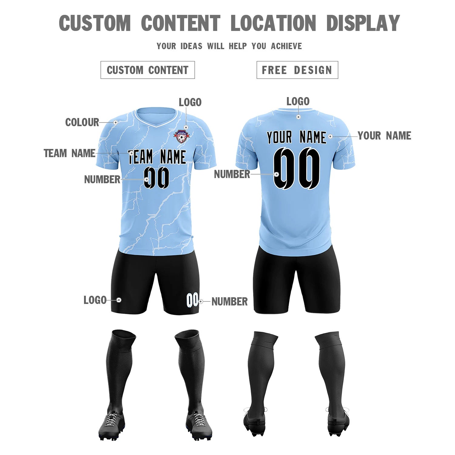 Custom Light Blue White Training Uniform Soccer Sets Jersey