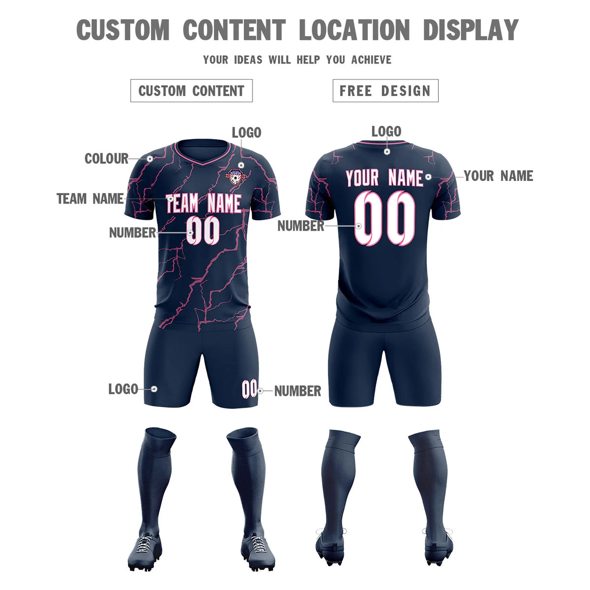 Custom Navy Pink Training Uniform Soccer Sets Jersey