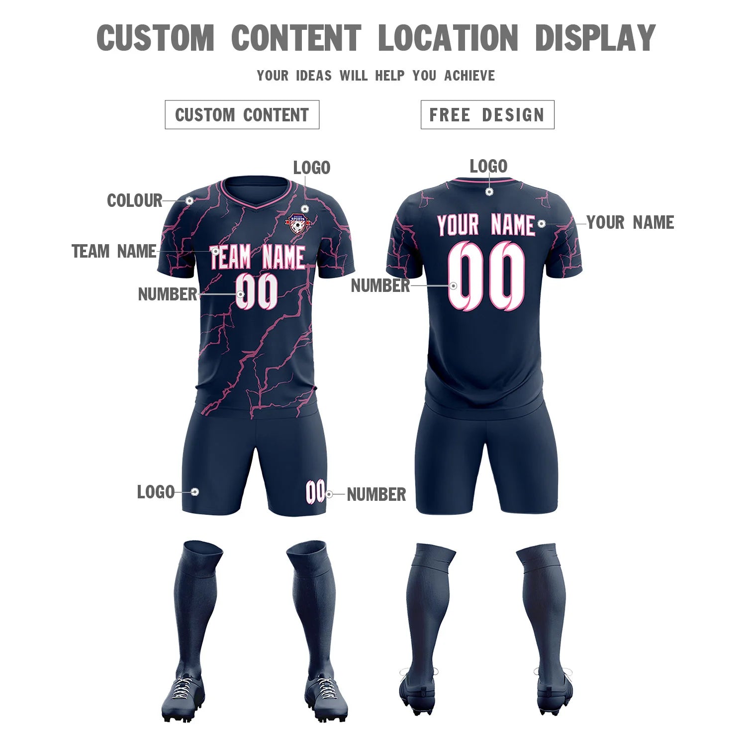 Custom Navy Pink Training Uniform Soccer Sets Jersey